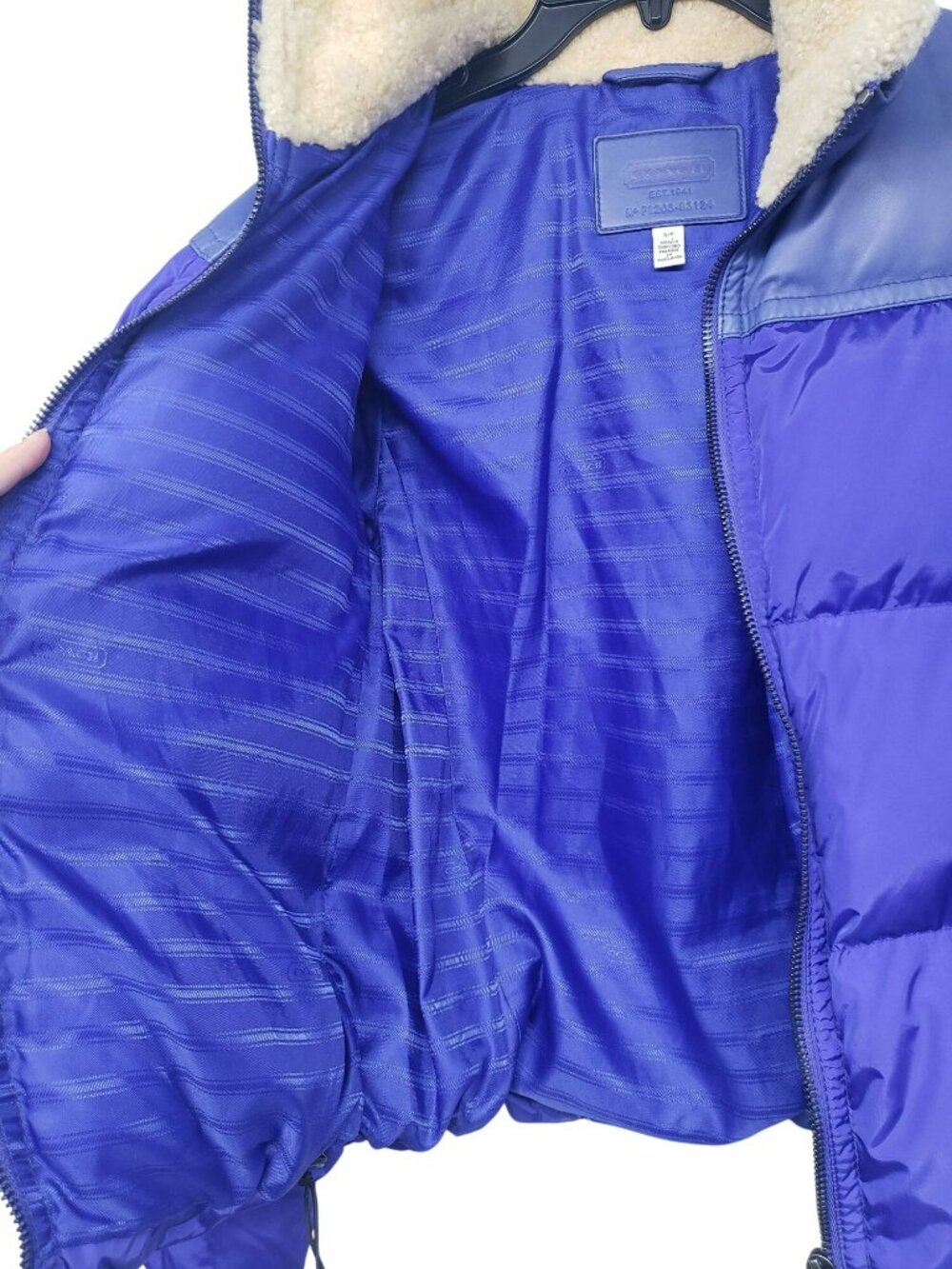 Coach $348 Purple Puffer Leather Shearling Collar Down Jacket Womens S - Picture 11 of 16